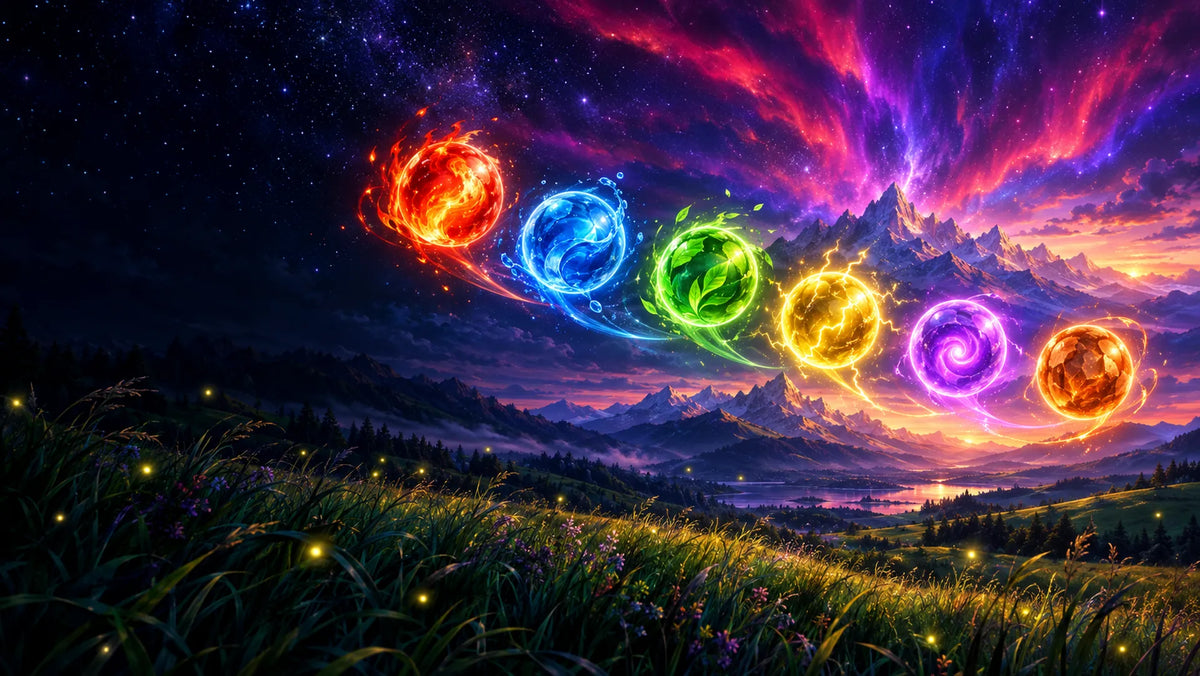 Glowing energy orbs over a twilight meadow