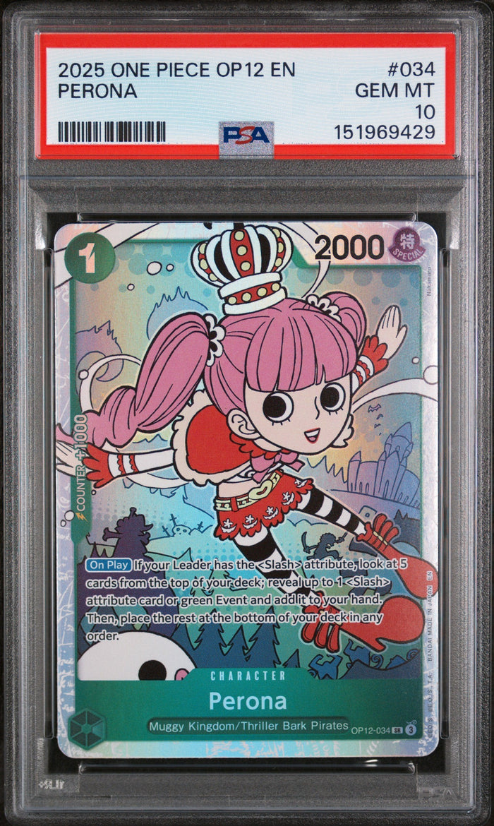 Graded 2025 One Piece Perona #034 OP12 Legacy of the Master PSA 10 Gem Mint